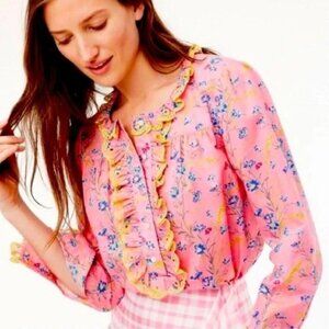 New J. Crew x Liberty Top Pink Poplin Ruffle Wheat Bouquet Womens size L NWT 064